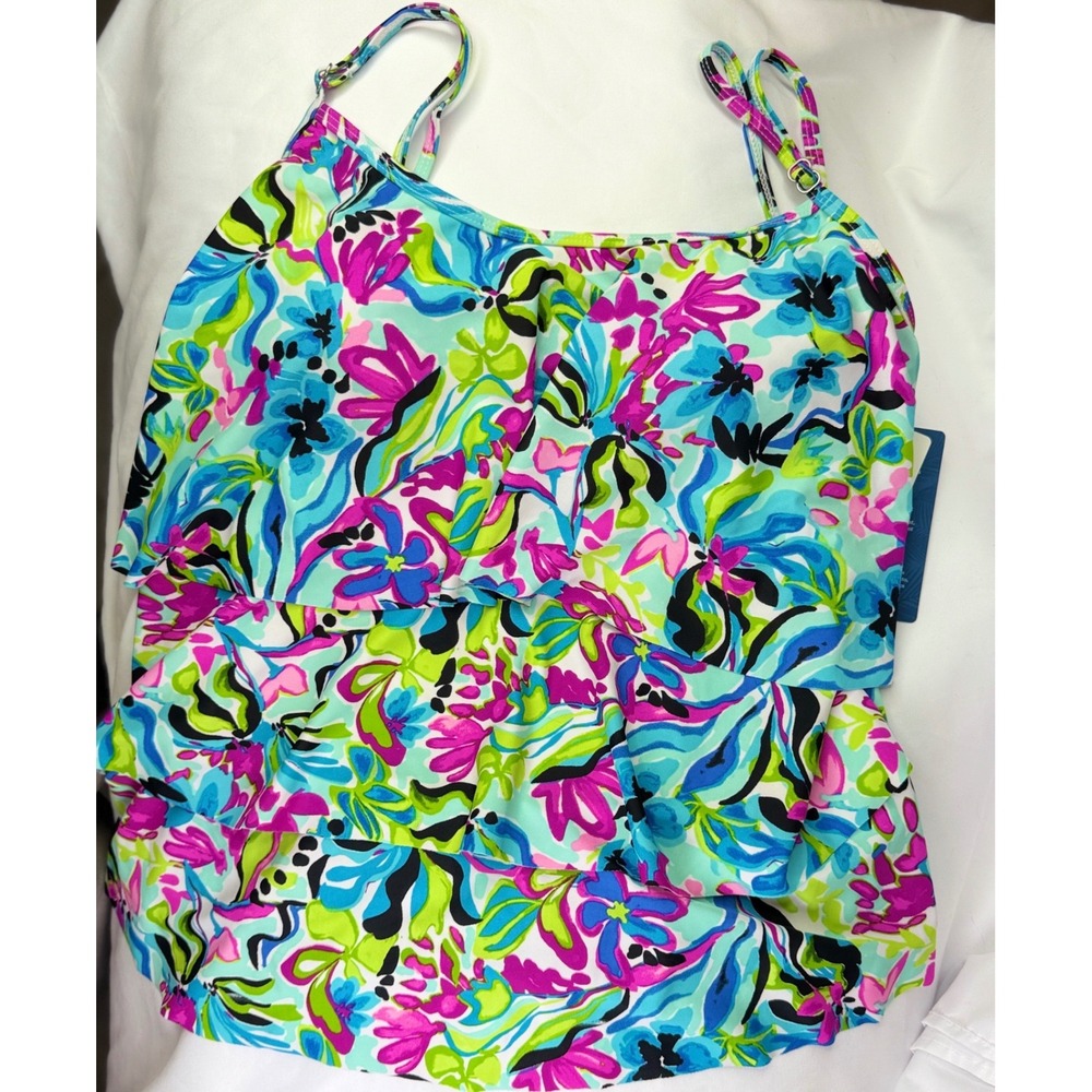 Caribbean Joe Tankini Top Womens 14 Multi Floral Tiered Ruffle Swimwear NEW NWT